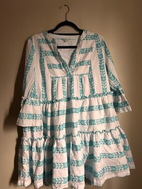 crown & ivy White Dress with Aqua Stripe Embroidery